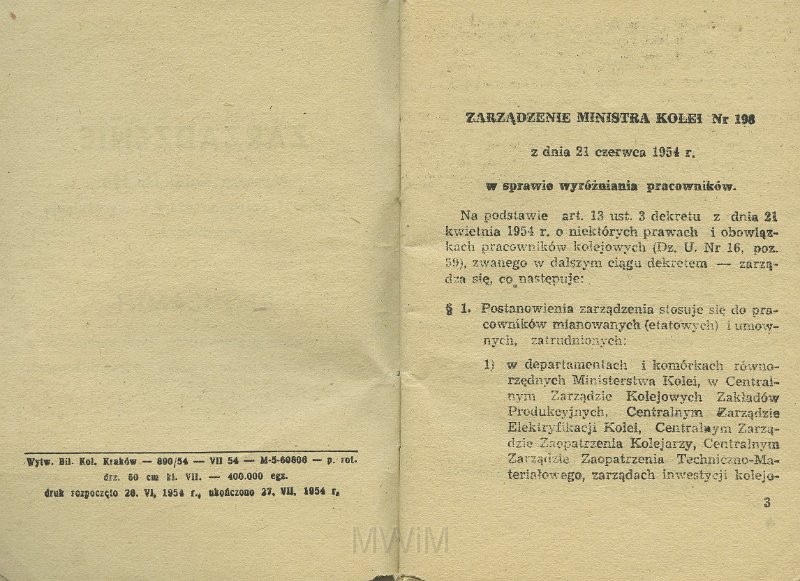 KKE 5517-3.jpg - Dok. „Zarządzenie Ministra Kolei” Nr. 198 z dnia 21 VI 1954 r. o wyróżnianiu pracowników i Regulamin obowiązków pracowników Kolejowych oraz zasad i trybu postępowania dyscyplinarnego, Kraków, 1954 r.